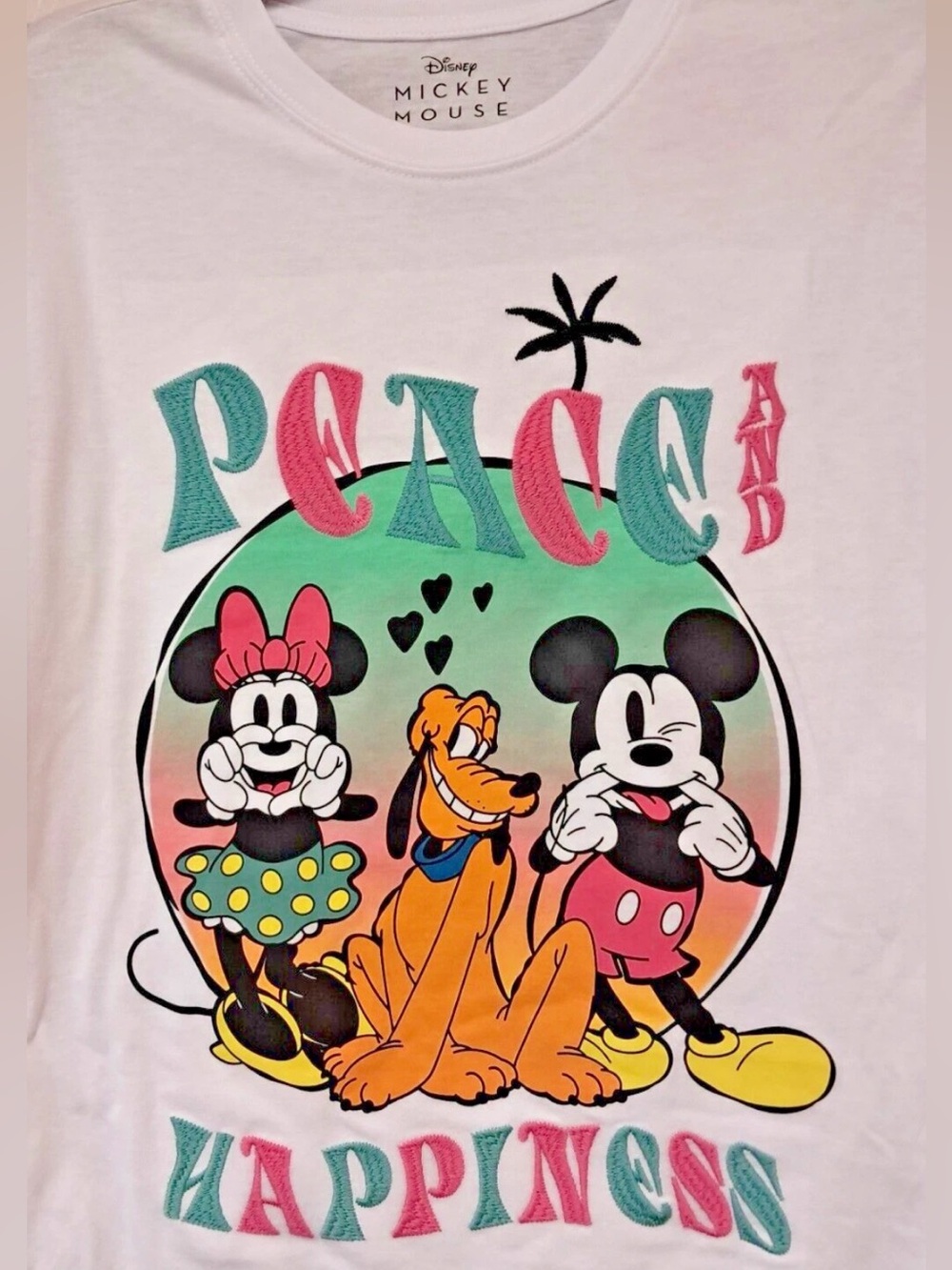 ☀️2/$20 NWT Disney’s Mickey Minnie & Pluto Peace and Happiness Embroidered Tee